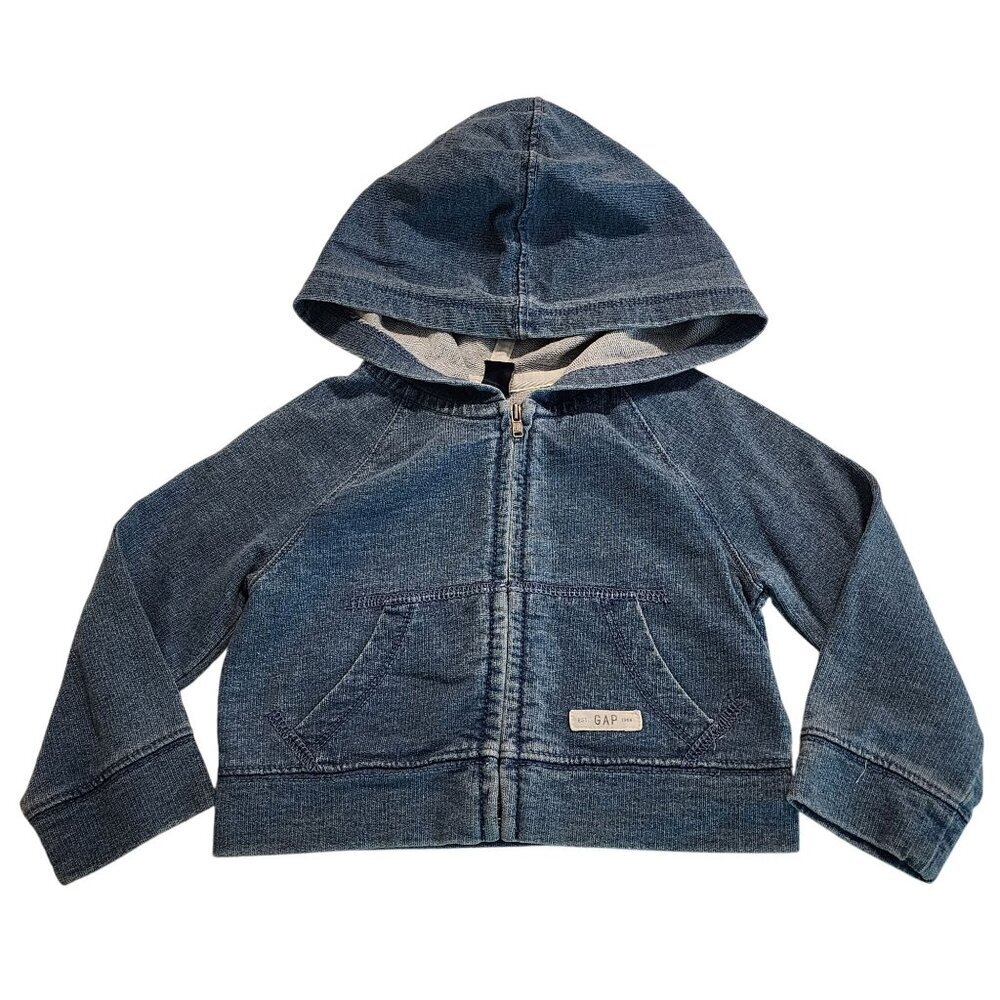 Baby Gap sz 18-24 m cropped hooded denim jacket full zip pockets